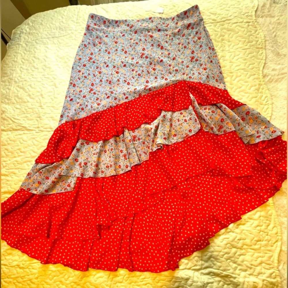 Light Blue ❤️Red Floral ❤️ Tiered Maxi Skirt ❤️Lining❤️❤️❤️❤️ - Picture 7 of 10